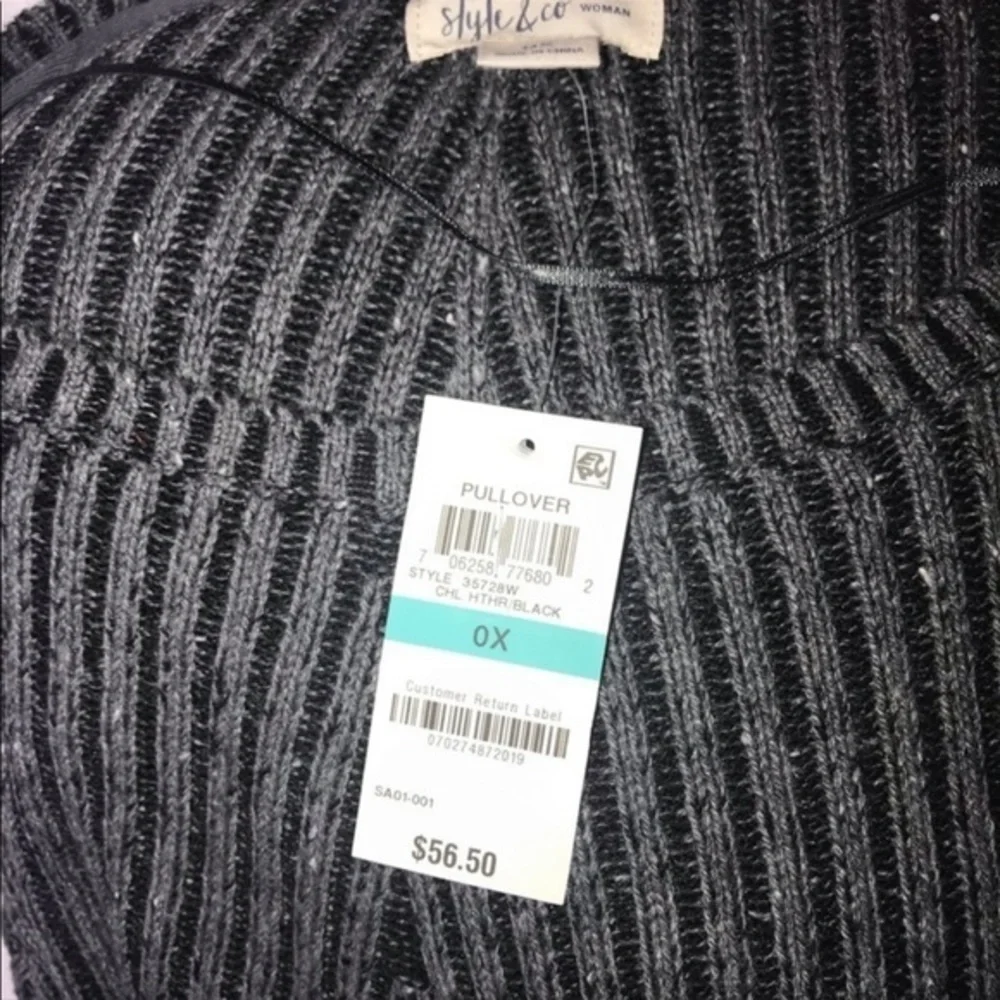 NWT‎ Style & Co 0X grey/black v neck ribbed crew neck long sleeve sweater